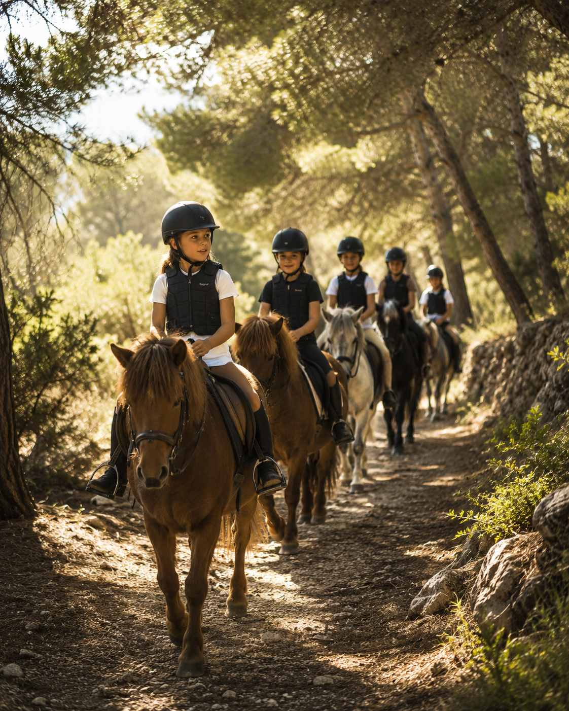 Kids trail ride through the countryside